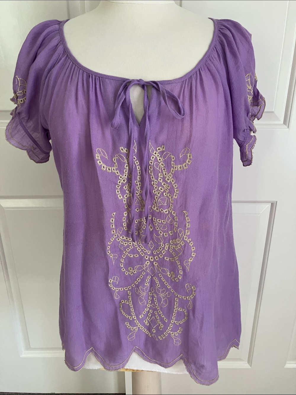 Embroidered Lavender Peasant Top